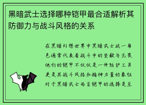 黑暗武士选择哪种铠甲最合适解析其防御力与战斗风格的关系 黑暗武士选择哪种铠甲最合适解析其防御力与战斗风格的关系